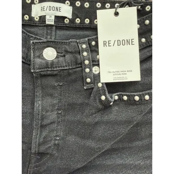 Re/Done Studded Mid Rise Wide Leg Pants - Size 26 - Washed Black - Picture 10 of 10